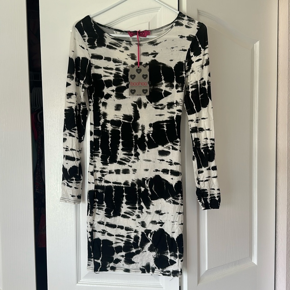 Never worn and still have tags, black-and-white tie-dye body con dress